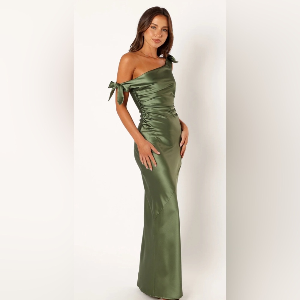 Petal & Pup Sage Satin Off-Shoulder Maxi Dress
